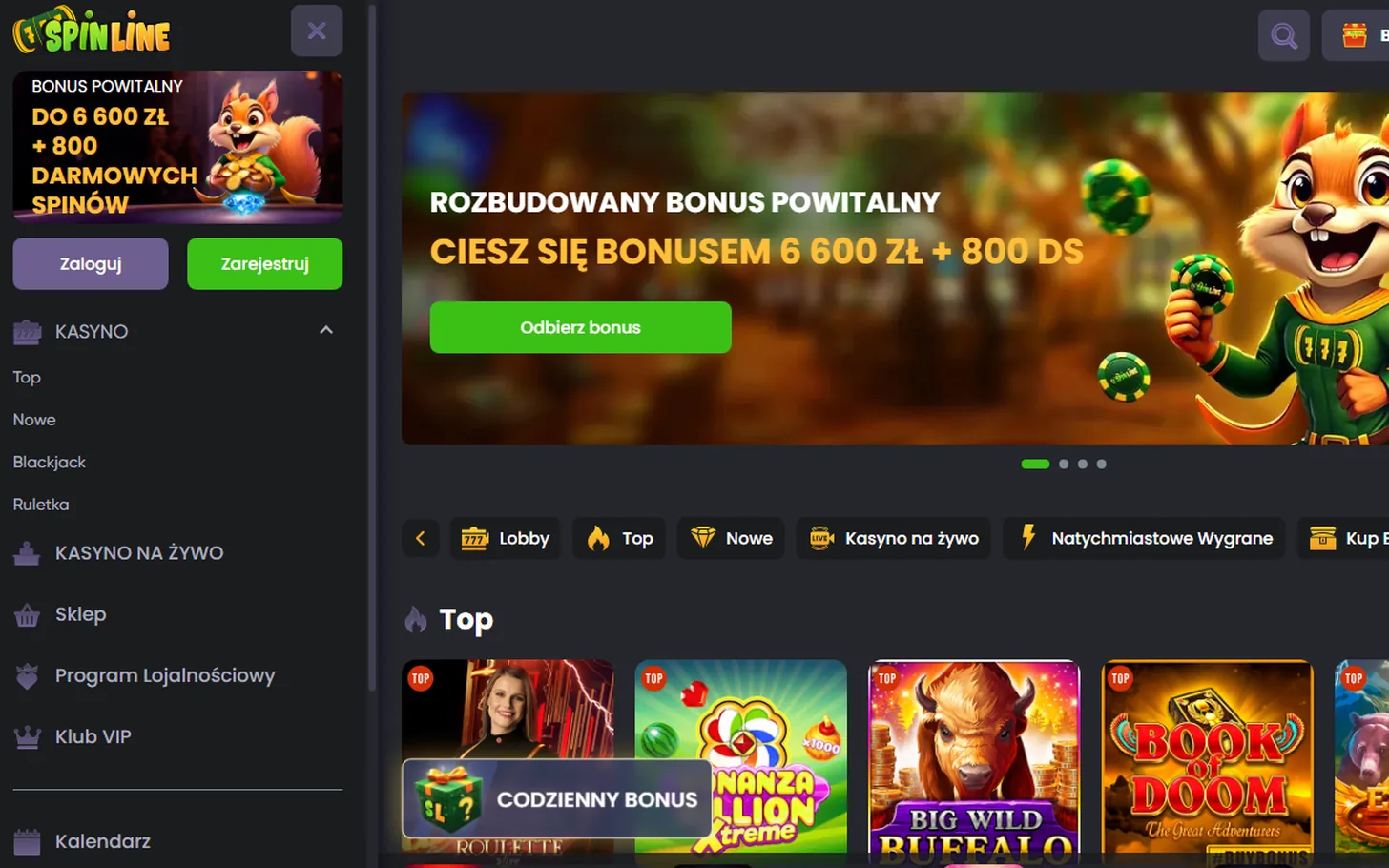 SpinLine — bonus bez depozytu, ekran kasyna